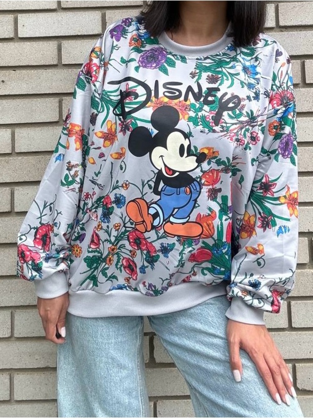 Disney Grey Floral Mickey Sweatshirt with Colorful Blooms - Picture 5 of 9